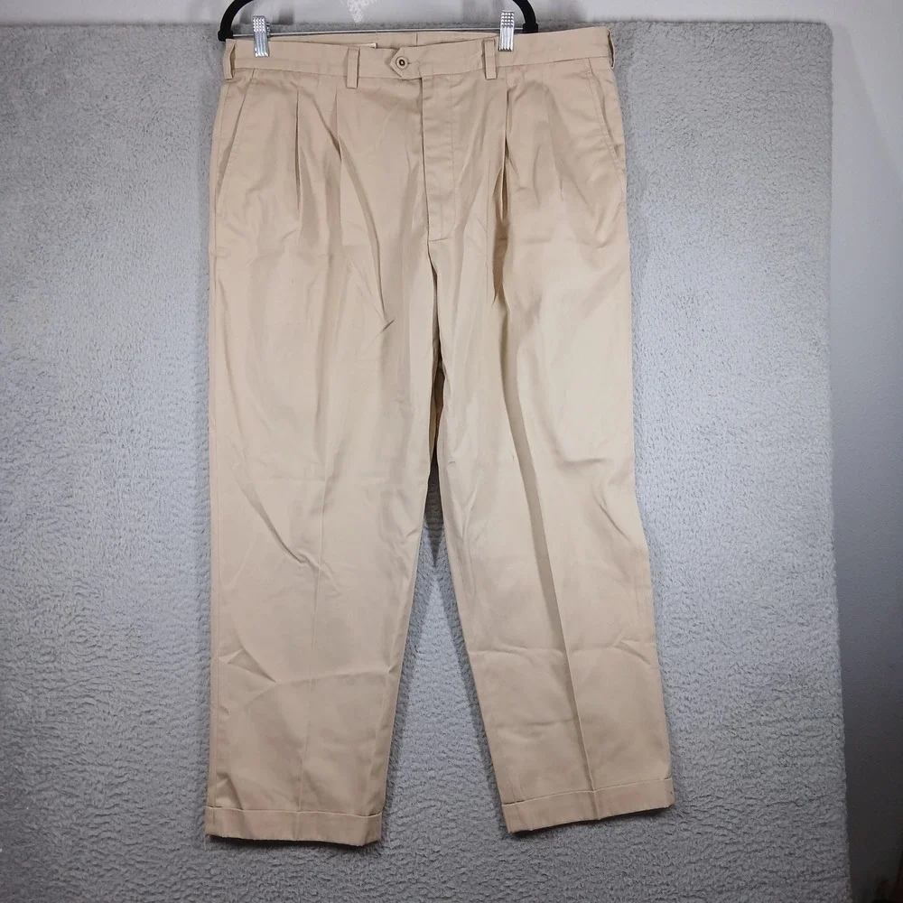 John W. Nordstrom Pleated Cuffed Cotton Chino Pants 40x30 Khaki Beige